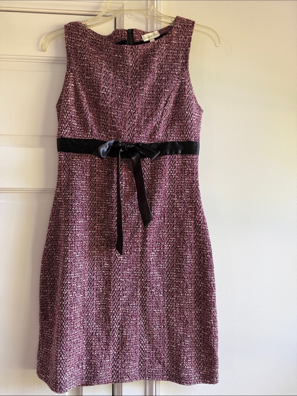 Charlotte Russe Purple Tweed Sheath Dress with Black Satin Waist Ribbon